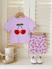 SHEIN Baby Girl Casual Minimalist Crew Neck Short Sleeve T-Shirt + Leggings Set, Suitable For Spring/Summer - Multicolor - View 2