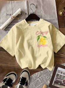 SHEIN Leap Crew Tween Mädchen-Kuschel-Sommer-Muster mit Zitronenbaum & Blumen Vintage-Muster, Tween Mädchen-Lässig-Grafik-Loose-Raglan-Kurzarm-T-Shirt, geeignet für den Sommer, Tween Mädchen-Grafik-T-Shirts