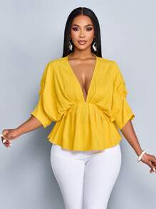 SOLERSUN New Spring And Summer Fashion Women's Solid Color Vacation Loose Casual Outing Deep V-Neck Pleated Bat Sleeve Short-Sleeved Shirt Loose Casual Shirt Tops, Seaside Vacation, Beach Vacation - Yellow - View 5