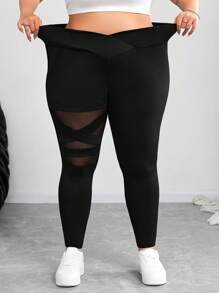 SHEIN CURVE+ Plus Size Sheer Mesh Patchwork Lightweight & Stretchy Leggings - Black - View 1