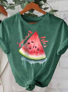 女士西瓜印花圆领短袖T恤