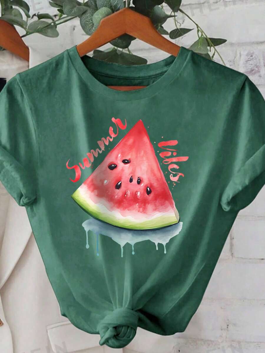 女士西瓜印花圆领短袖T恤