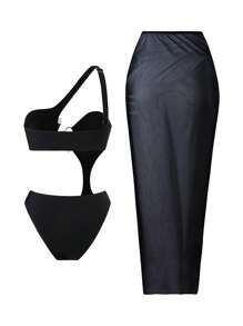 SHEIN 2 Stück/Set Damen Neuer Sexy asymmetrischer Ausschnitt Cut Out einfarbiger Badeanzug und lange verdrehte Netz Spaltrock Strandüberwurf Sexy Set für Sommer Strandurlaub - Schwarz - Übersicht 3