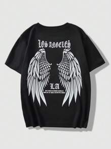 SHEIN Explorewe 男童时尚街头天使翅膀印花圆领休闲短袖 T 恤 - 黑色 - 查看 8