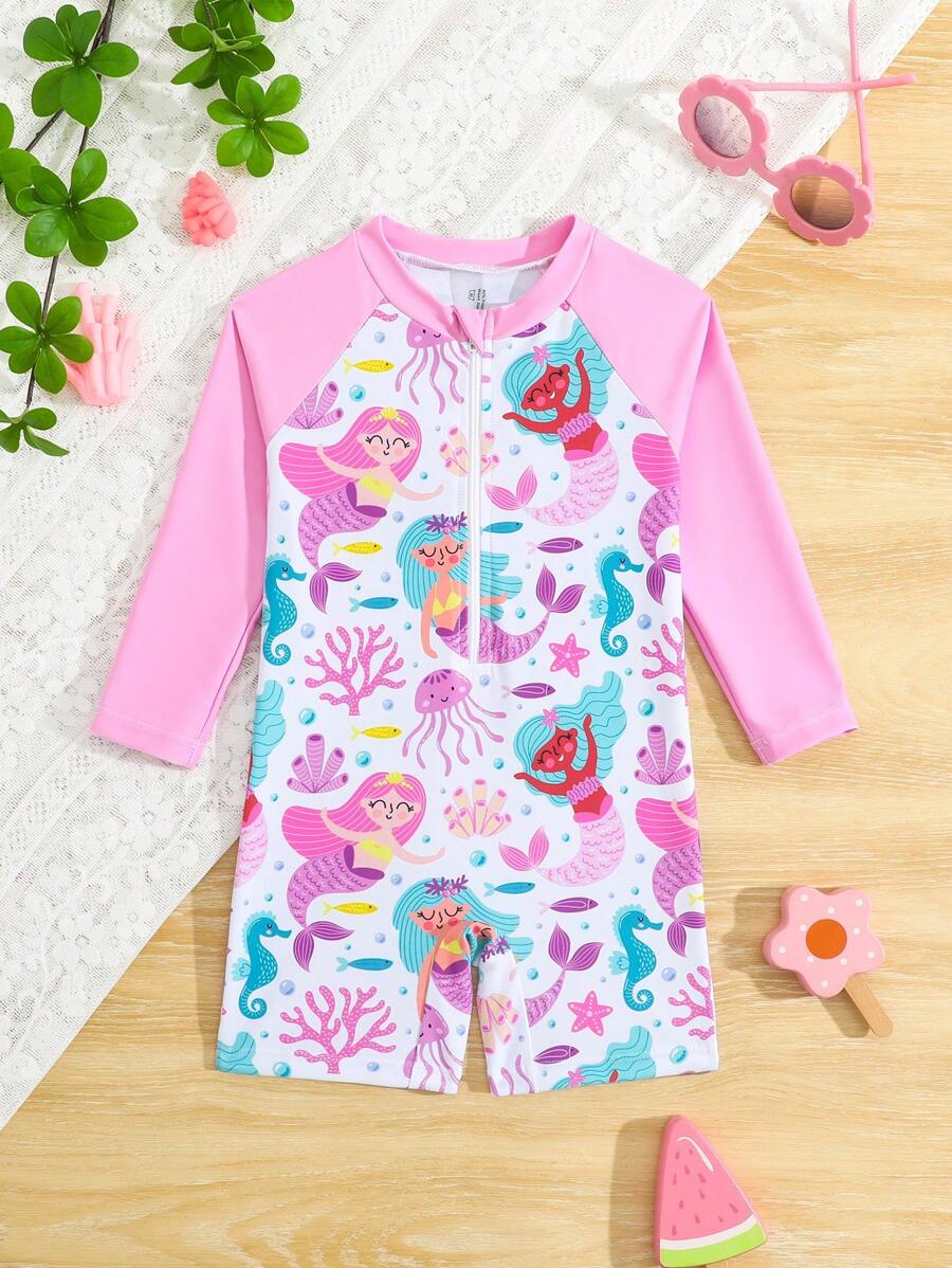 SHEIN Baby Girl Mermaid Printed One-Piece Swimsuit With Shorts Holiday Long Sleeve Bathing Suits - Multicolor - View 1