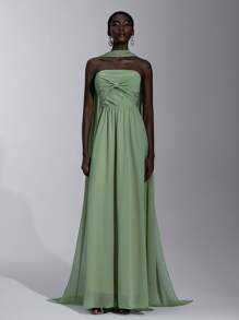 SHEIN Belle Elegant romantisches grünes Chiffon-Gewebe 3D Schleife Schulter ausgestellt A-Linie Party Brautjungfern Kleid - Grün - Übersicht 5