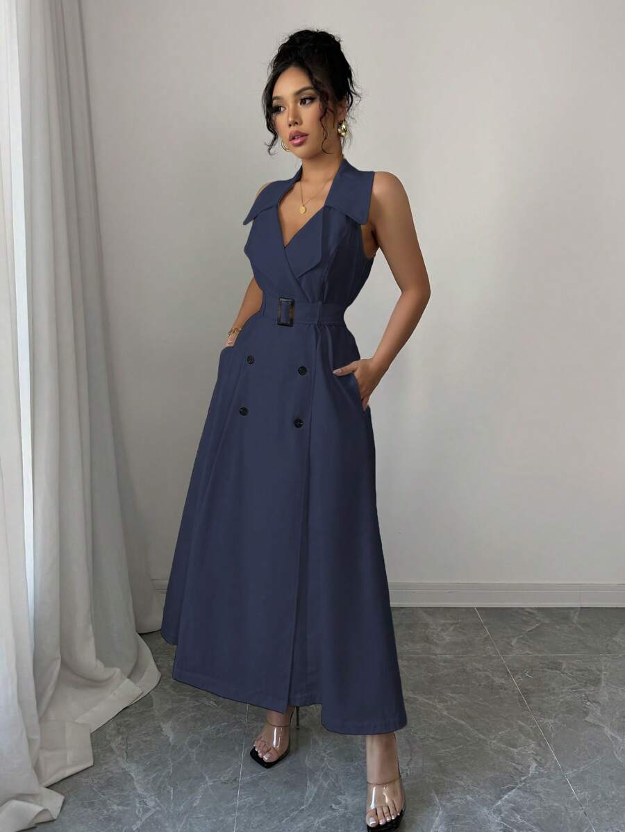 Elenzga 女式法式优雅休闲度假/通勤纯色缺口领双排扣腰带 A 字长裙，无袖，春夏 - 藏蓝色 - 查看 1