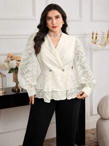 Modelyn Plus Size Women Jacquard Lapel Neck Long Sleeve Ruffled Hem Blouse - Apricot - View 6