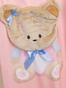 女童柔软舒适针织连衣裙，可爱小熊印花，蓝色蝴蝶结，毛绒 3D 贴花，粉色圆领长裙，睡衣套装 - 粉色 - 查看 5