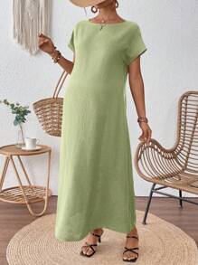 SHEIN Solid Color Knitted Loose Maternity Dress - Green - View 4