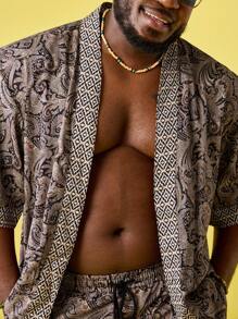 EASEVO Men Plus Size Vacation Paisley Print Kimono & Drawstring Waist Shorts