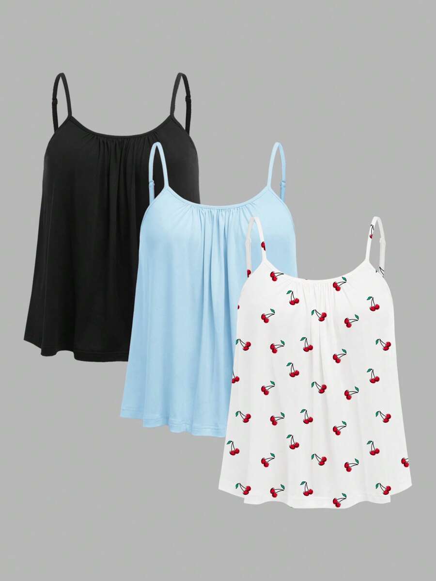 SHEIN EZwear 3 chiếc áo hai dây rộng rãi xếp ly màu trơn & họa tiết anh đào cỡ lớn dành cho nữ, dây đeo vai có thể điều chỉnh, phù hợp cho mùa xuân/hè - Nhiều màu - Xem 1