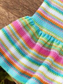 SHEIN Young Girl Summer Korean Style Cute Tie Shoulder Rainbow Striped Backless Dress, Sweet & Fashionable For Vacation