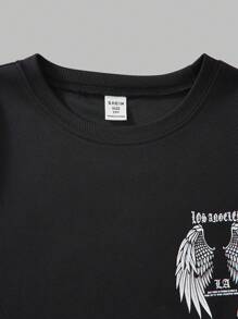 SHEIN Explorewe 男童时尚街头天使翅膀印花圆领休闲短袖 T 恤 - 黑色 - 查看 4