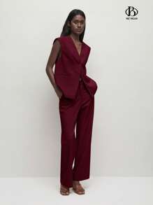 BizChic 2025 安哥拉红宽肩双唇口袋设计前扣开合女士背心套装，浪漫优雅日常时尚商务休闲通勤别致复古风格女士休闲套装，秋冬女士办公室穿着 - 酒紅色 - 查看 10