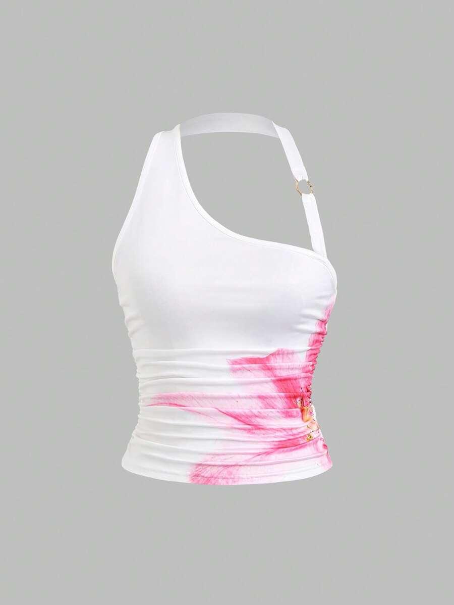 Sweetra Women's Fashion Printed Halter Neck Slim Fit Casual Sleeveless Top, Versatile For Daily Wear, Vacation & Holiday