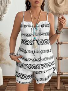 EMERY ROSE Boho-Stil Urlaubsgarderobe Weste und Shorts 2 Stücke Set, Strandoutfit in Große Größen