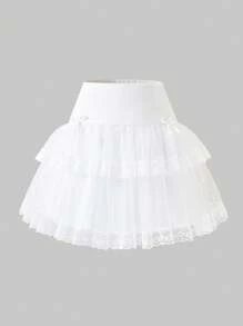 SHEIN Tween Girls Elegant Bow Lace Trim A-Line Skirt, Suitable For Spring/Summer,Holiday,Summer,Travel - White - View 6