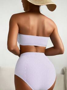 SHEIN Swim Vacation Beach Striped Ruffle Trim Tankini - Purple - View 2