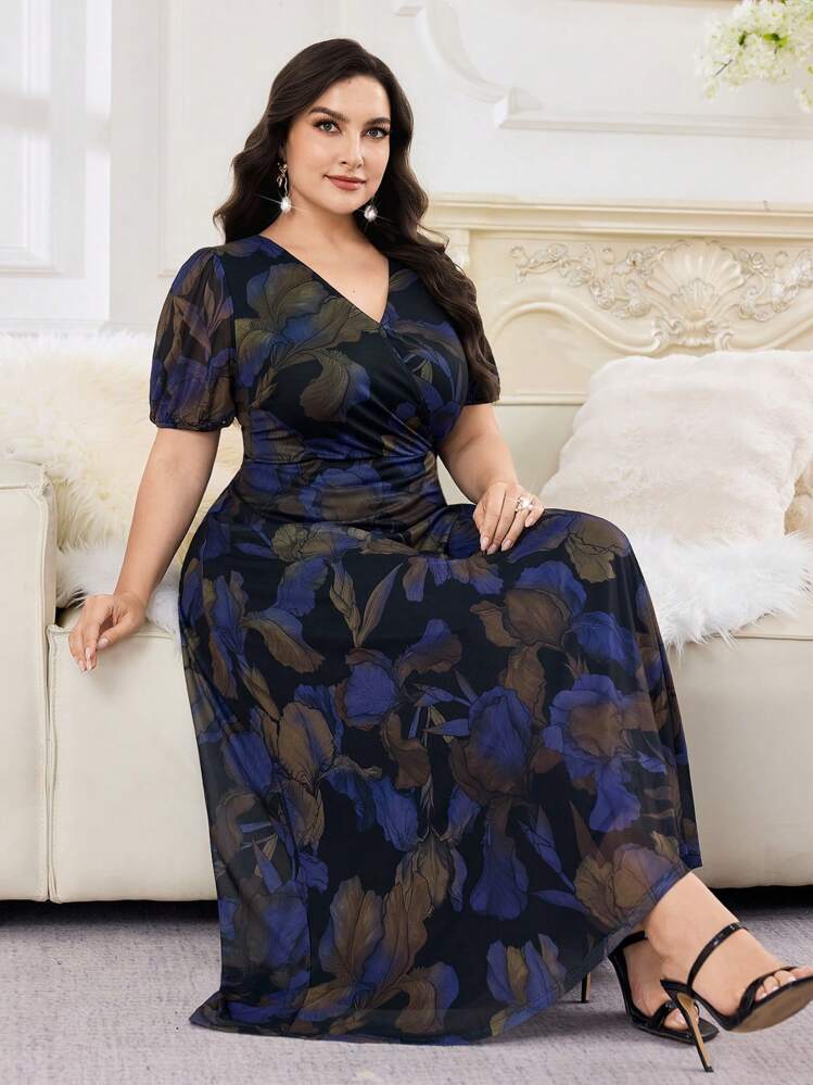 Modelyn Plus Size Women Summer All-Over Print V-Neck Short Sleeve Dress - Multicolor - View 7