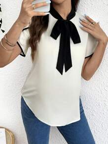 SHEIN Tie Collar Ruffle Sleeve Blouse Maternity Top - Apricot - View 4