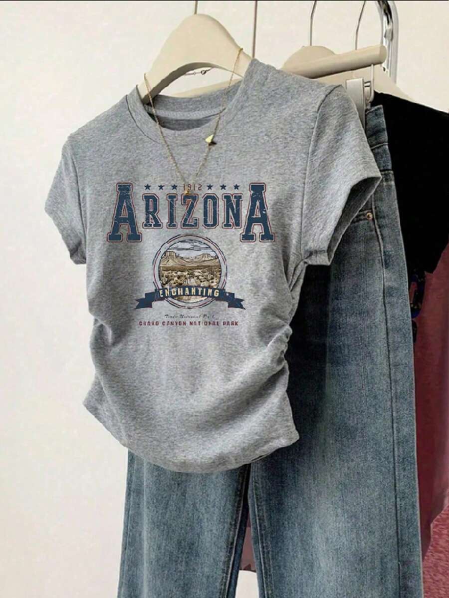 Sparklyn Áo thun ngắn tay ôm dáng, in chữ Arizona, phong cách thường ngày, phù hợp cho nữ tuổi teen mùa hè. - Xám - Xem 1