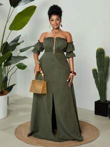 Maweii Vestido casual de hombros descubiertos de unicolor para tallas grandes - Verde militar - Ver 3