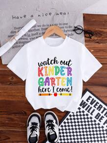GraphicGems Young Girls ' Casual Fashionable Comfortable Simple Crayon & Letter Print Short Sleeve T-Shirt, Spring/Summer Kindergarten T Shirt Kid