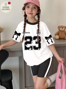 SHEIN Leap Crew Conjunto de 2 piezas de camiseta de manga corta y pantalones cortos minimalista informal para niña preadolescente, adecuado para el verano - Multicolor - Ver 1
