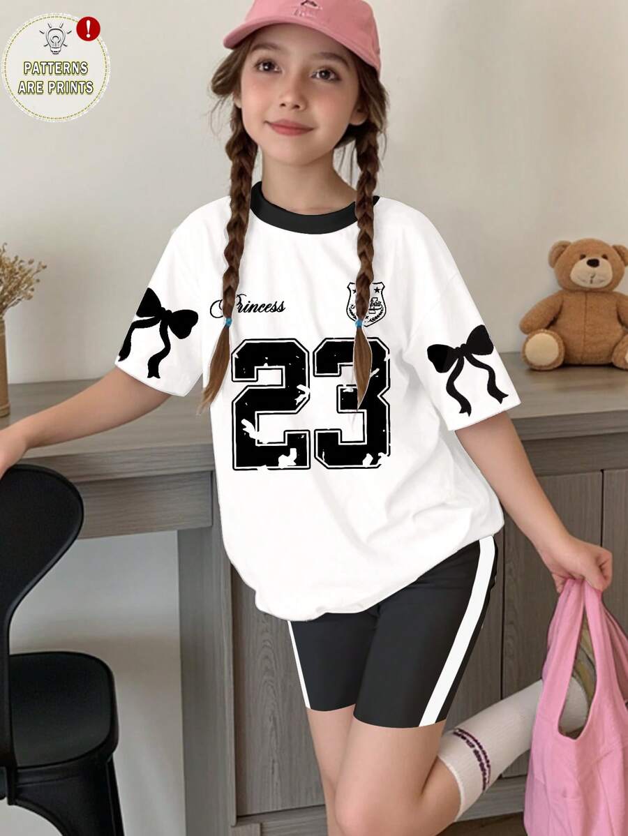SHEIN Leap Crew Conjunto de 2 piezas de camiseta de manga corta y pantalones cortos minimalista informal para niña preadolescente, adecuado para el verano - Multicolor - Ver 1