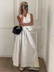 DAZY 女士夏季休闲纯色V领背心和裙子两件套亚麻 - 米色 - 查看 3