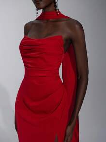 SHEIN Belle Elegant, Romantic, Crimson, Satin, Woven Matte Ribbon Trim, Off-Shoulder, Tube Top, Pleated, Bodycon, Mermaid Hem, Wedding Guest, Party, Bridesmaid Dress - Red - View 3