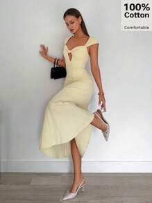 Siren Gaze 女士纯色休闲日常连衣裙，心形领口，精致胸部镂空设计 - 杏色 - 查看 2