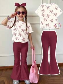 SHEIN 2pcs Tween Girls Casual Minimalist Short Sleeve Top And Long Pants Set, Summer