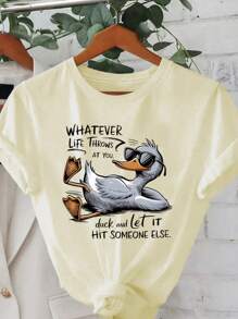 Camiseta casual de mujer de cuello redondo y manga corta con estampado de pato