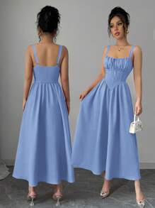 Rafferiza 女款红色纯色情人节度假休闲连衣裙荷叶边前系带蝴蝶结可爱优雅吊带后背不对称腰部修身A字下摆2025夏季新款长裙 - 藍色 - 查看 2