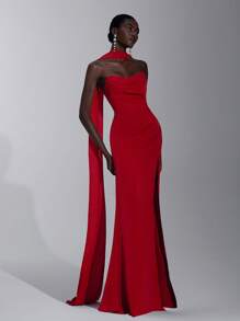 SHEIN Belle Elegant, Romantic, Crimson, Satin, Woven Matte Ribbon Trim, Off-Shoulder, Tube Top, Pleated, Bodycon, Mermaid Hem, Wedding Guest, Party, Bridesmaid Dress - Red - View 7