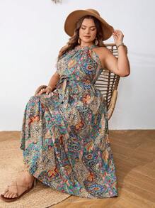 SHEIN CURVE+ 大码女式度假植物印花扭腰露背连衣裙女士沙滩装/沙滩裙/沙滩度假装/沙滩必备品/毕业/茶会礼服，夏季/乡村/海滩度假装/沙滩装/沙滩装 - 彩色 - 查看 10