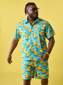 EASEVO Plus Size Men Casual Woven Short Sleeve Shirt & Shorts Set - Blue - View 3