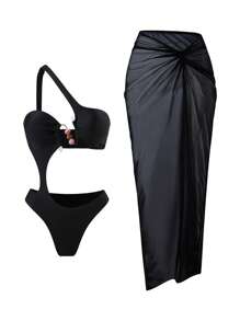 SHEIN 2 Stück/Set Damen Neuer Sexy asymmetrischer Ausschnitt Cut Out einfarbiger Badeanzug und lange verdrehte Netz Spaltrock Strandüberwurf Sexy Set für Sommer Strandurlaub - Schwarz - Übersicht 1