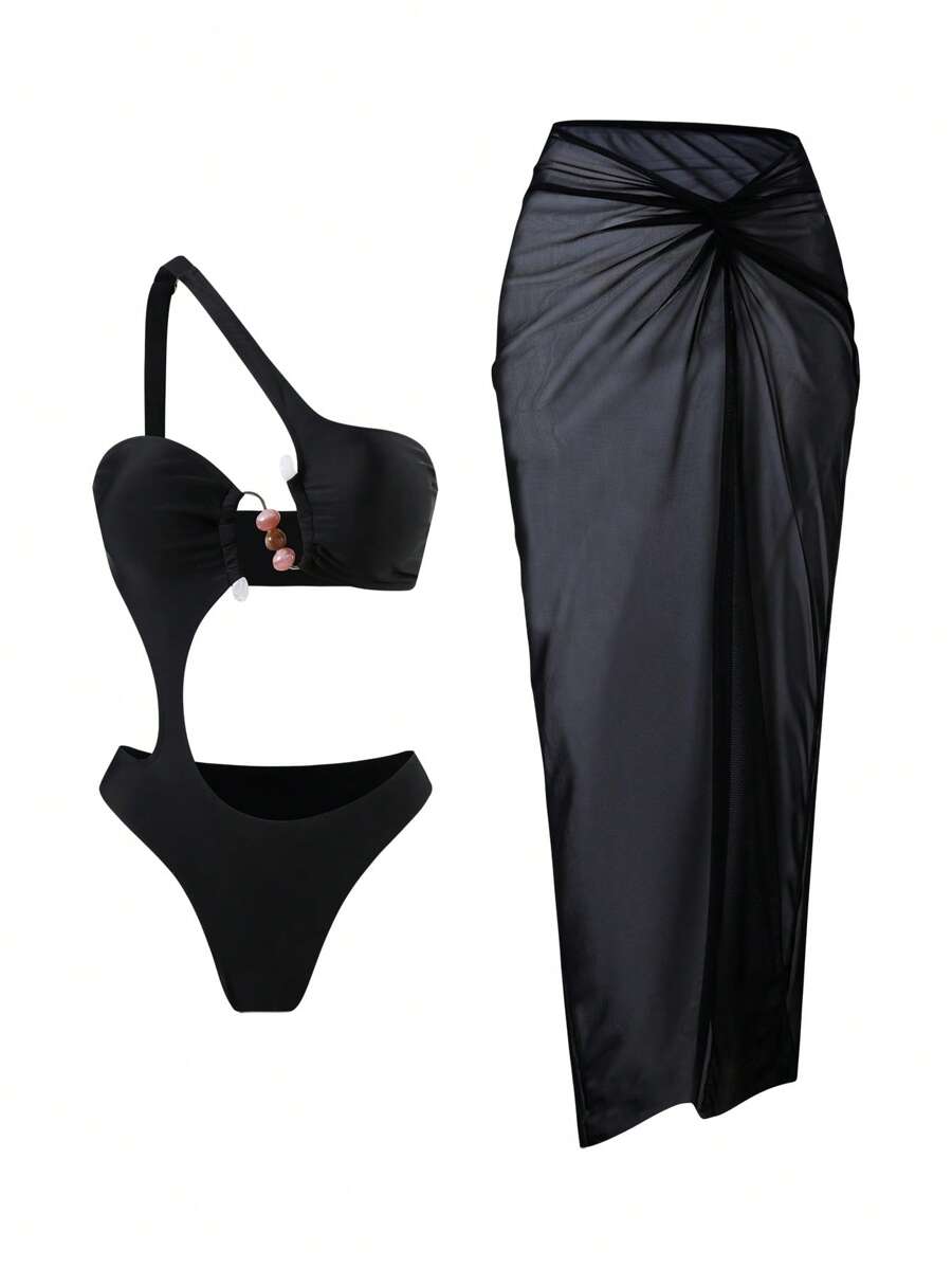 SHEIN 2 Stück/Set Damen Neuer Sexy asymmetrischer Ausschnitt Cut Out einfarbiger Badeanzug und lange verdrehte Netz Spaltrock Strandüberwurf Sexy Set für Sommer Strandurlaub - Schwarz - Übersicht 1