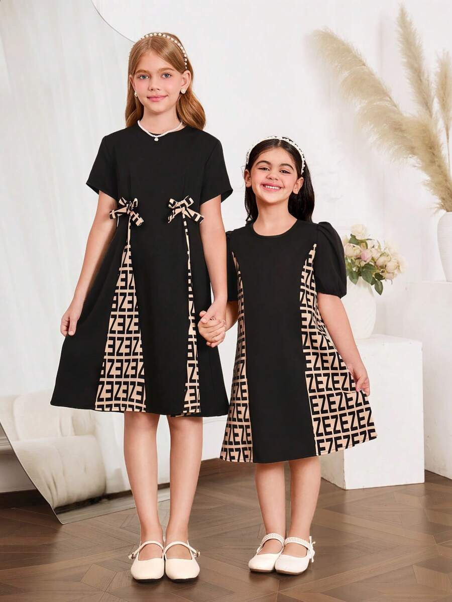 SHEIN Gaun Lengan Pendek Motif Huruf Bunga Hitam untuk Anak Perempuan, Cocok untuk Jalan-jalan dan Sekolah - Hitam - View 1