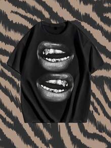 Manfinity ZONE917 Men's Street Style Sexy Lip Print Loose Fit Short Sleeve Graphic T-Shirt, Summer