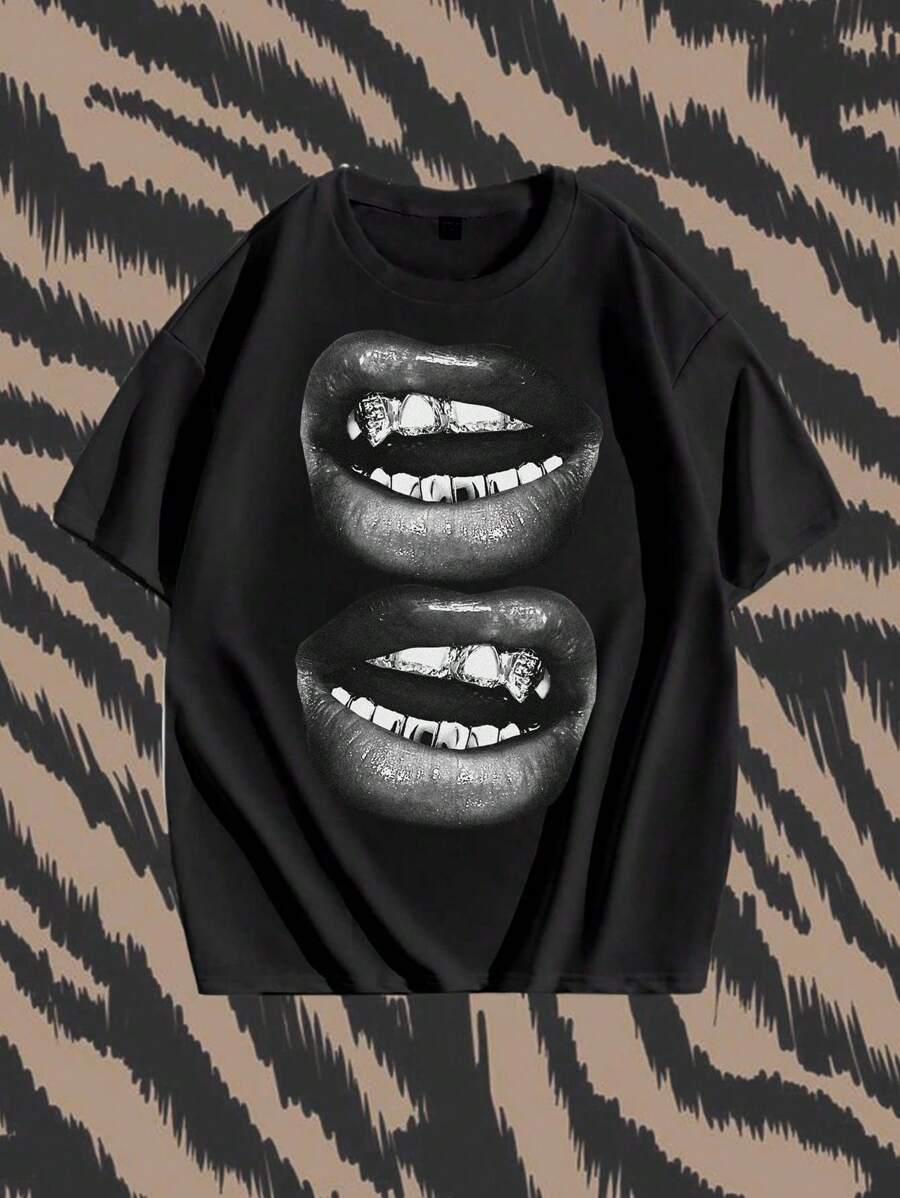 Manfinity ZONE917 Men's Street Style Sexy Lip Print Loose Fit Short Sleeve Graphic T-Shirt, Summer