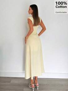 Siren Gaze 女士纯色休闲日常连衣裙，心形领口，精致胸部镂空设计 - 杏色 - 查看 4