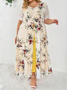 SHEIN CURVE+ فستان ماكسي قصير الأكمام طباعة وردية واسع الحجم للمرأة، مناسب للحفلات والزفاف والعطلات على الشاطئ، وارتداء الخريجين وحفلات الشاي، صيفي، ريفي، عطلة على الشاطئ