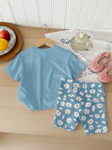 SHEIN Conjunto de 2 piezas de pantalón corto y manga corta casual y minimalista para niñas, apto para el verano
