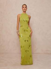 Lumalex 女式亮片刺绣立领露背系带修身连衣裙 - 綠色 - 查看 3