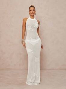 Lumalex 女士花卉印花镂空设计性感修身挂脖针织连衣裙 - 白色 - 查看 3