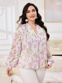Modelyn Plus Size Women Floral Print Single-Breasted Lantern Sleeve Elegant Blouse